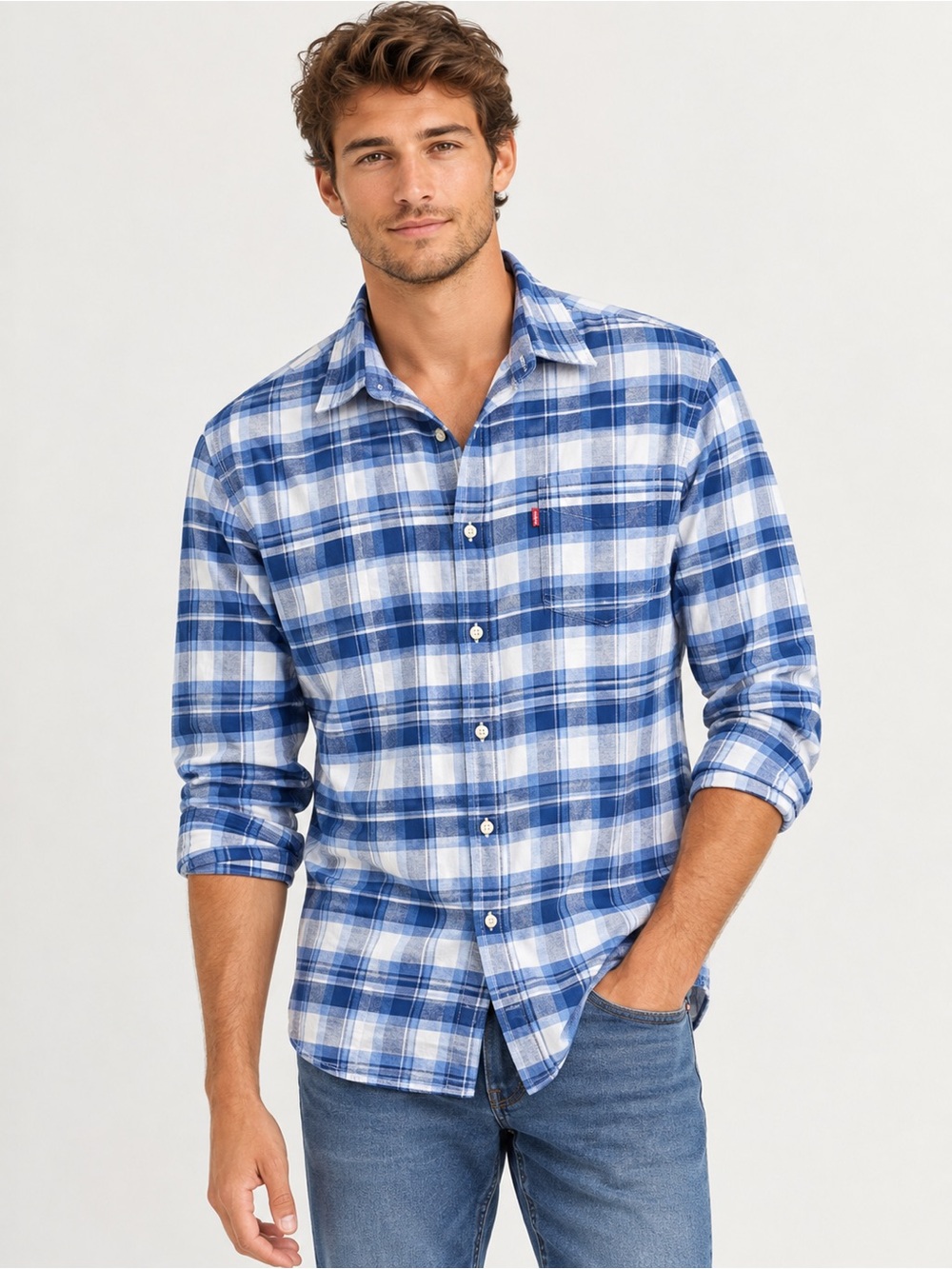 Levi's Blue White Plaid Long Sleeve Button Down Shirt Standard Fit Size Small
